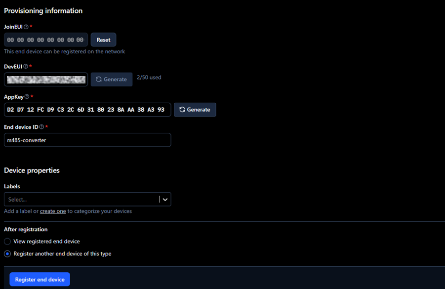 Figure 6: End device configuration - Provisioning information