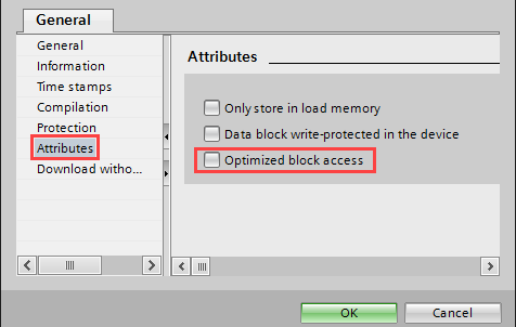 Figure 2: Disabling Optimized block access on an S7-1200/1500 data block. [1]