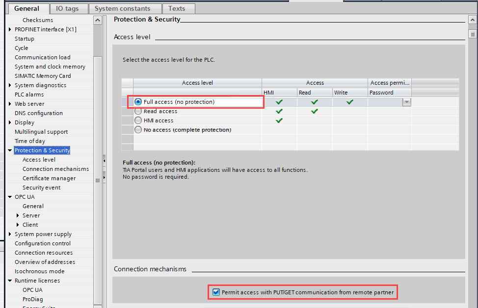 Figure 3: Selecting Full access under CPU protection settings. [2]