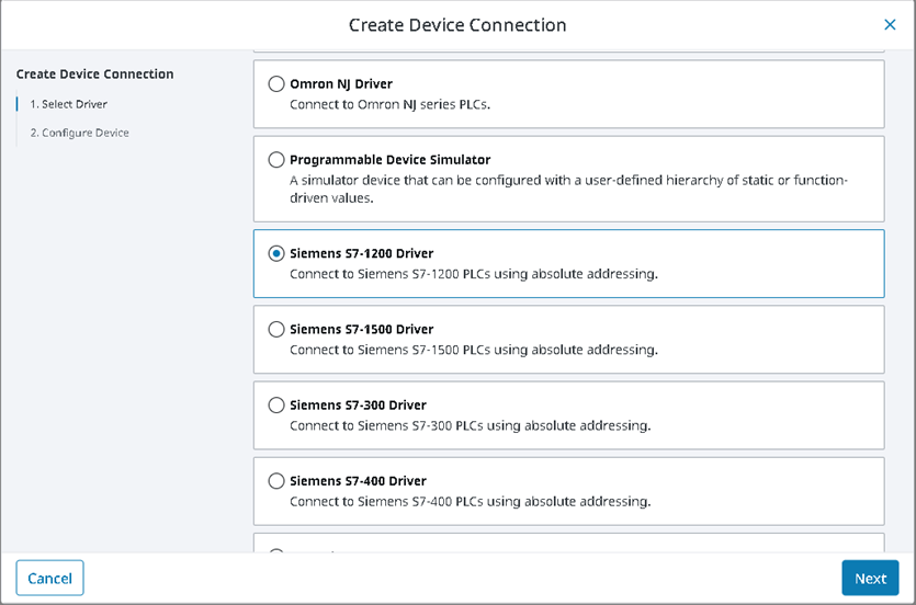 Figure 5: Selecting the Siemens S7-1200 driver.
