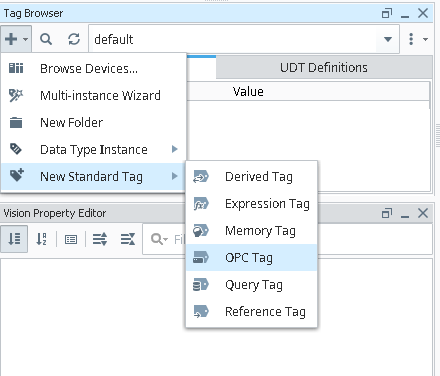 Figure 8: Creating a new OPC tag in the Designer.
