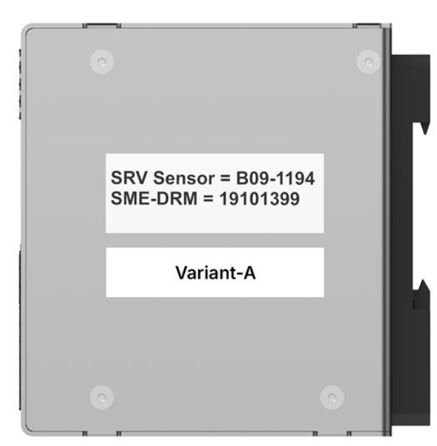 Side of an SME-DRM with two labels: the paired sensor and SME serial numbers above, and the wiring variant, Variant-A, below