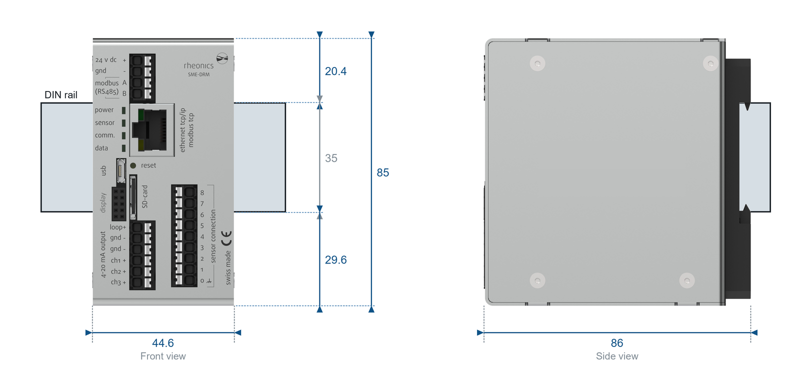 Front view of the SME-DRM on a 35 mm DIN rail, showing the 85 mm height, the housing 20.4 mm above the rail and 29.6 mm below it, and 44.6 mm along it, beside a side view with the 86 mm depth.
