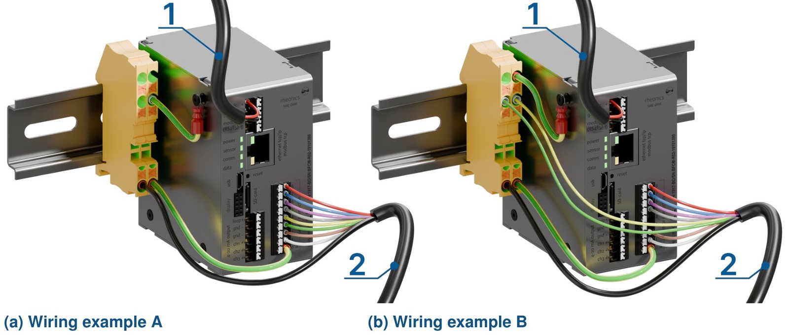 SME-DRM wiring examples A and B from the operator manual, on a DIN rail, with the power line and the sensor cable marked.