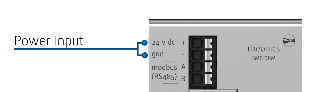 The front panel with the terminal groups labeled, supply and Modbus at the top, 4-20 mA output and sensor connection at the bottom.
