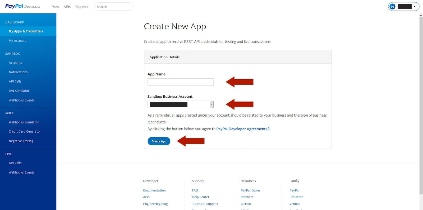Paypal create App