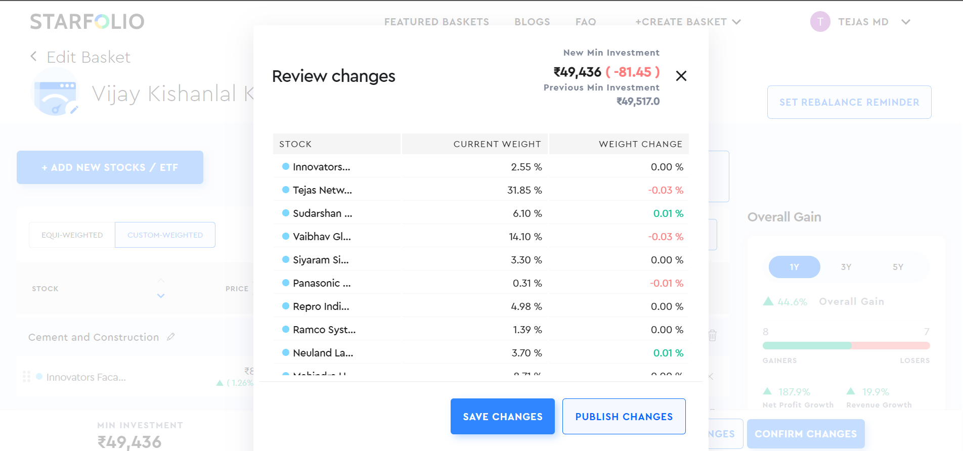 rebalance invested review basket