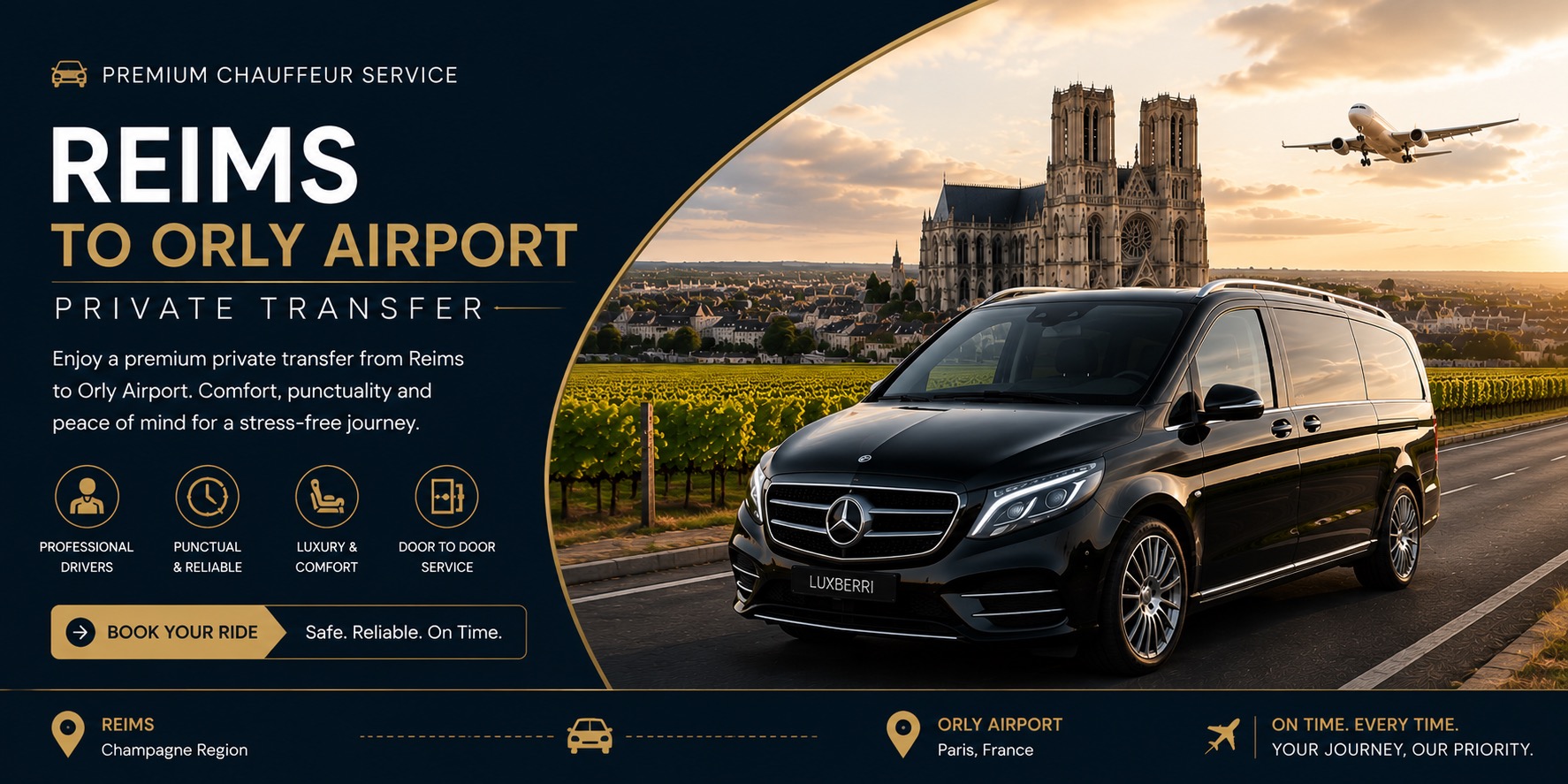 Reims to Orly Airport Private Transfer | Luxberri Luxury Chauffeur Service