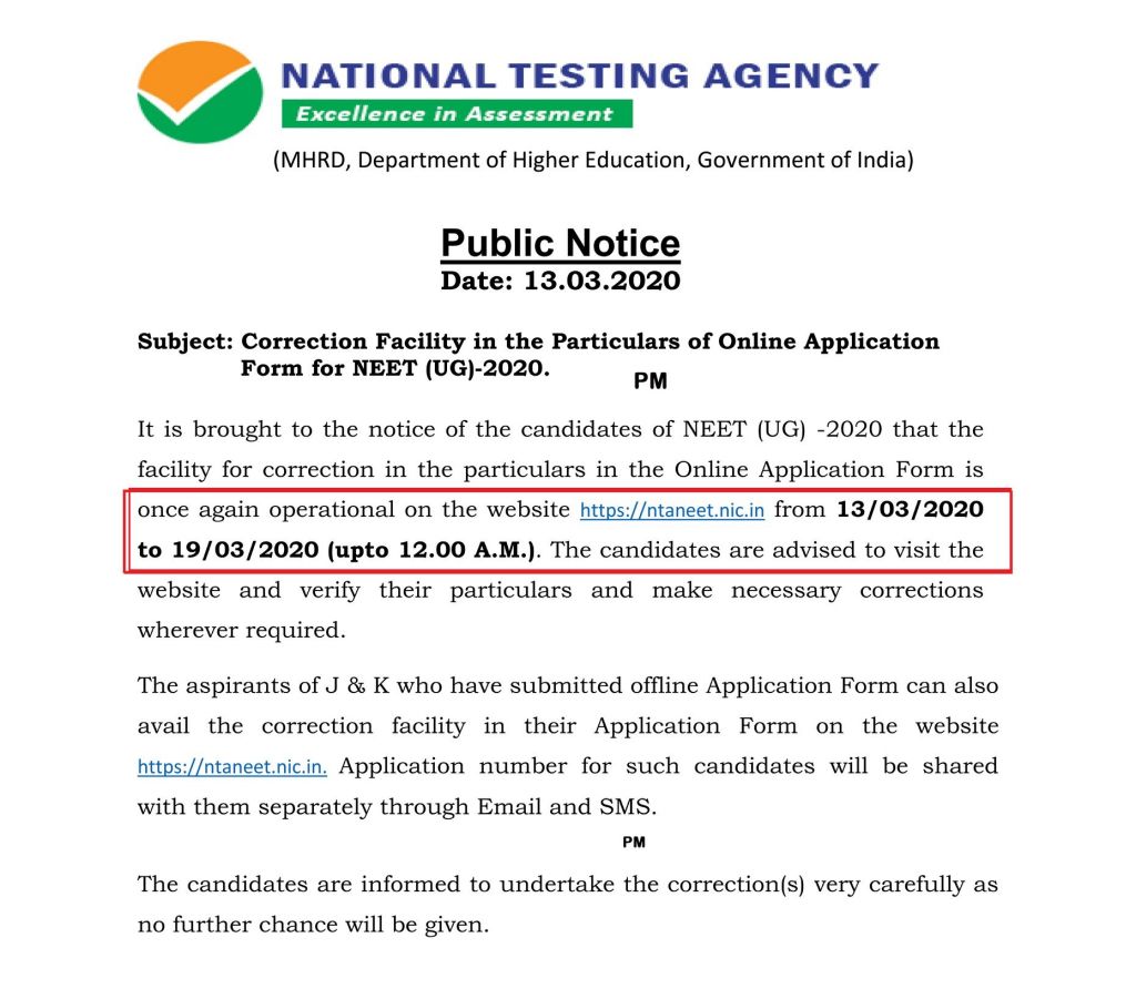 NEET UG 2020 Online Application Form Correction window reopened, check