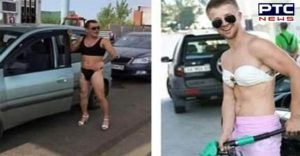 Woman And Men colorful bikini wearing pumps take Petrol free In Russia