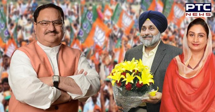 Sukhbir Singh Badal , Harsimrat Kaur Badal , BJP President JP Nadda Sukhbir Singh Badal , Harsimrat Kaur Badal , BJP President JP Nadda