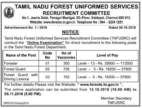 TNFUSRC Forester - Forest Guard Recruitment 2018 – 1178 Posts