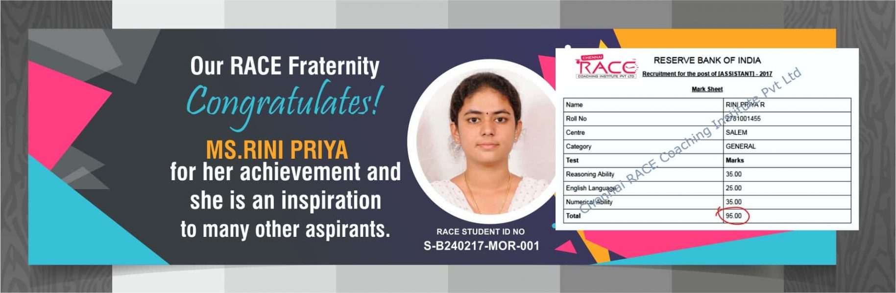 top scorer in rbi assistant prelims exam - race student scores 95 in rbi assistant out of 100