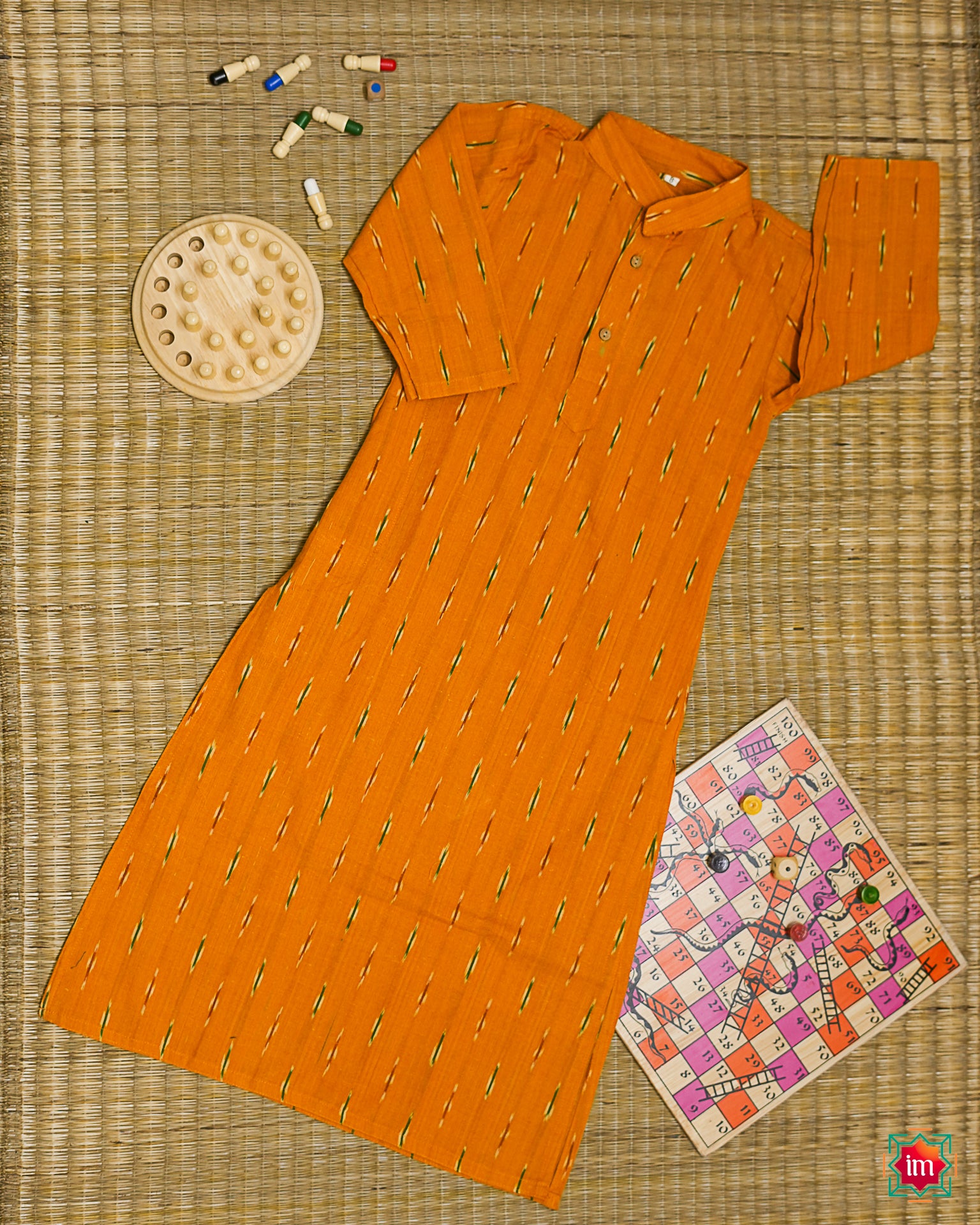 Yellow Pochampally Ikkat Kids Unisex Kurta Marigold-8-10 years