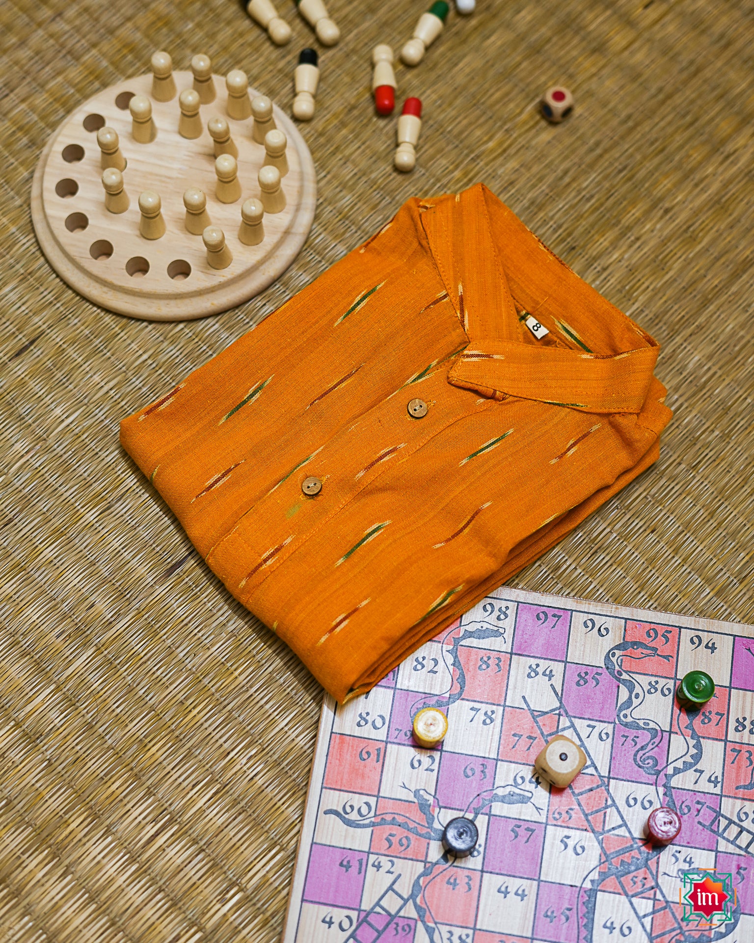 Yellow Pochampally Ikkat Kids Unisex Kurta Marigold-8-10 years