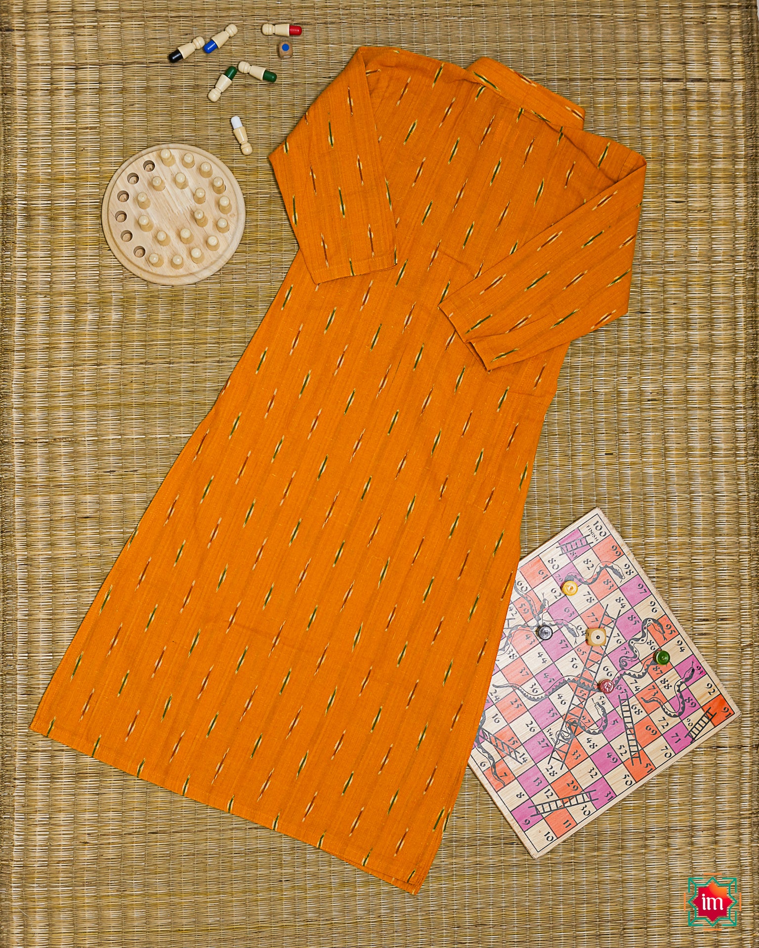 Yellow Pochampally Ikkat Kids Unisex Kurta Marigold-8-10 years