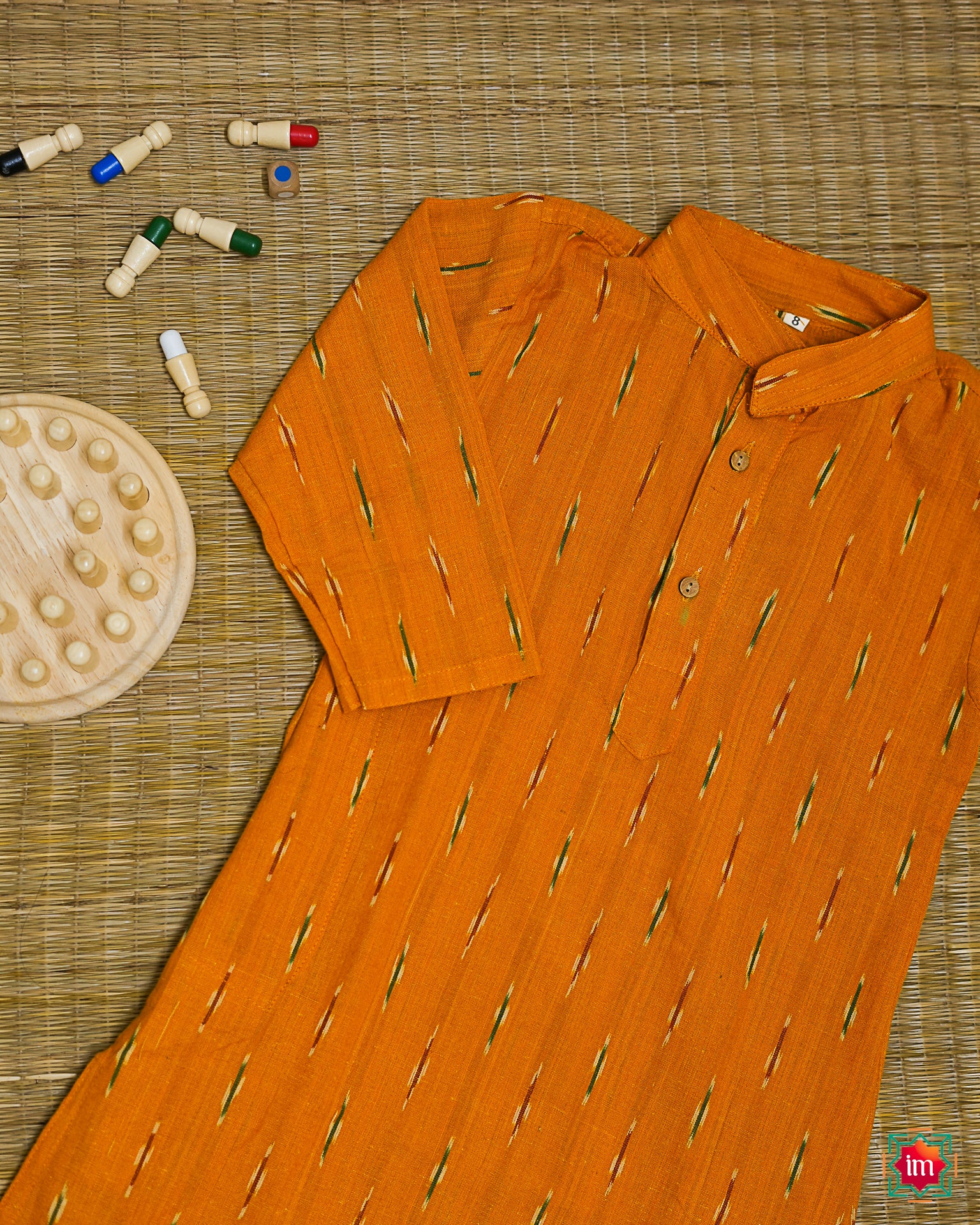 Yellow Pochampally Ikkat Kids Unisex Kurta Marigold-8-10 years