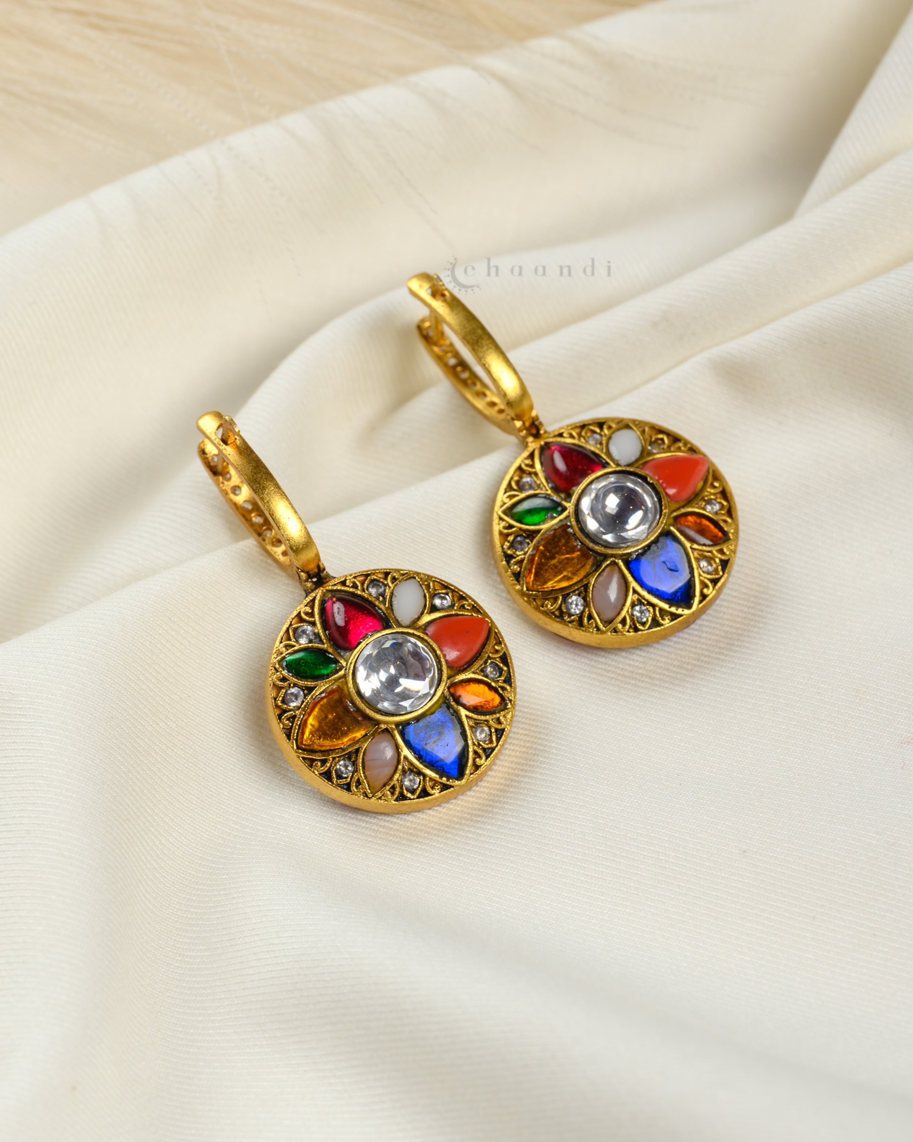Gold Polish Kundan, Ruby,Emerald And Navarathanam Reversible Earrings CHE1554