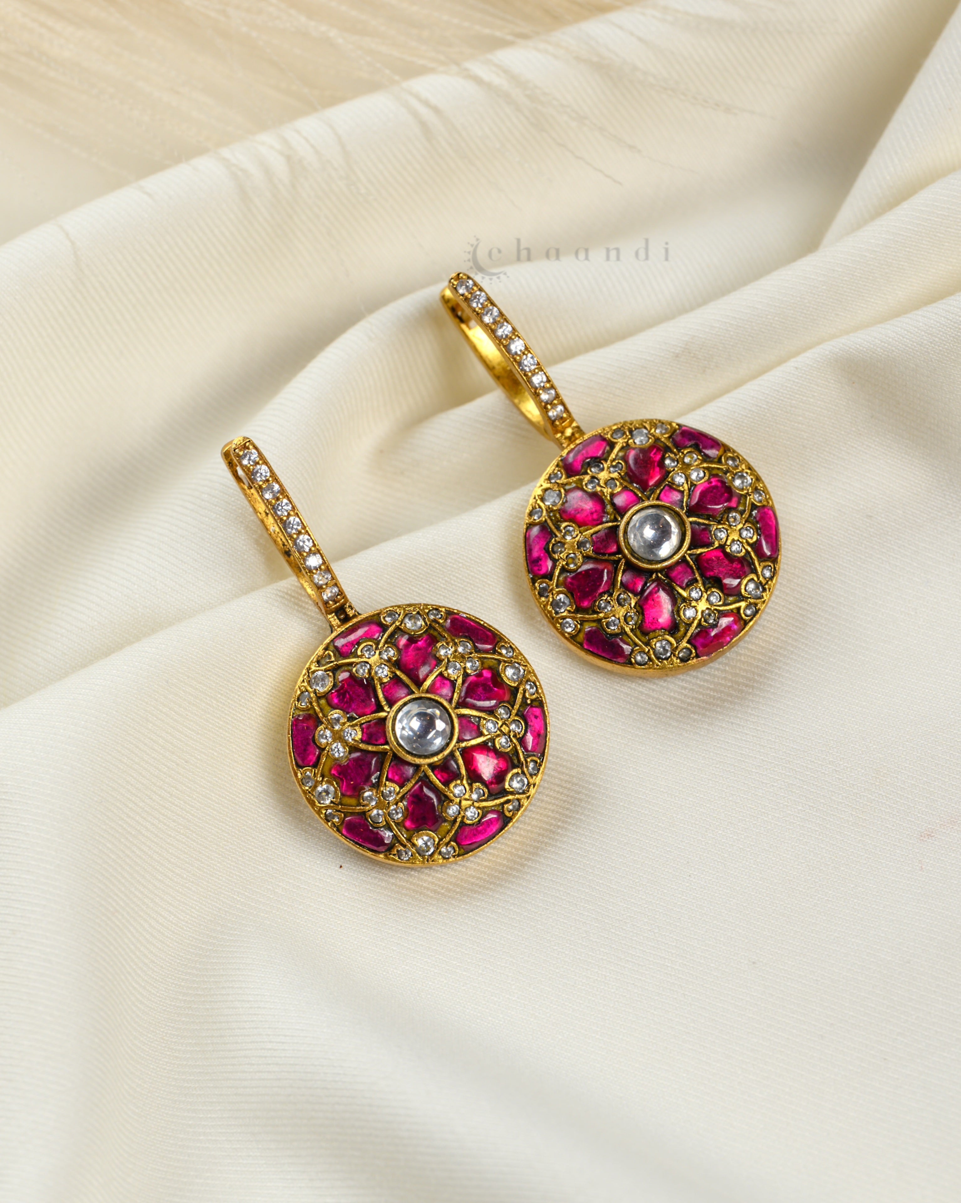 Gold Polish Kundan, Ruby,Emerald And Navarathanam Reversible Earrings CHE1554
