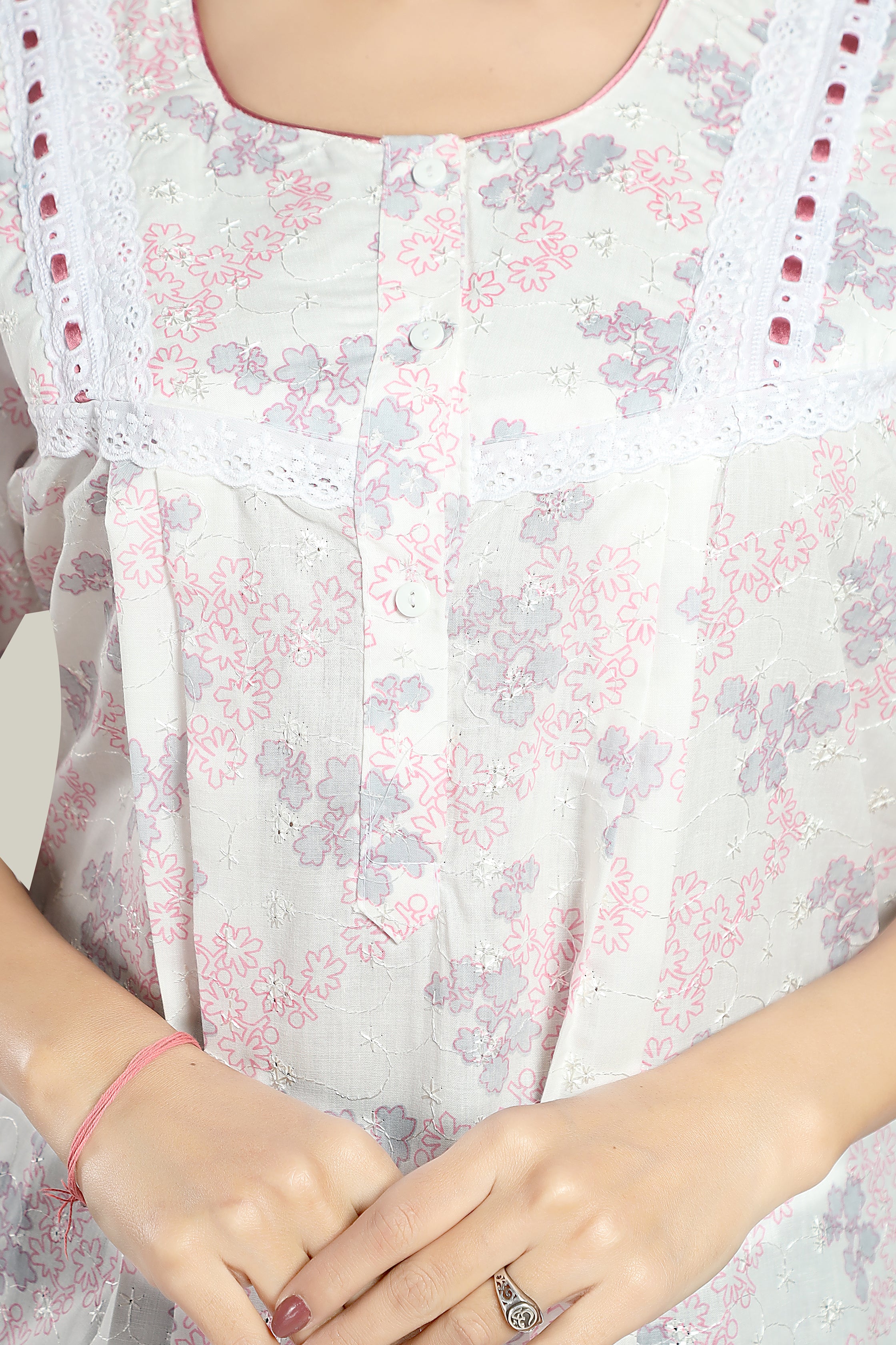 White Pink Pure Cotton Chikankari Juliet-XL