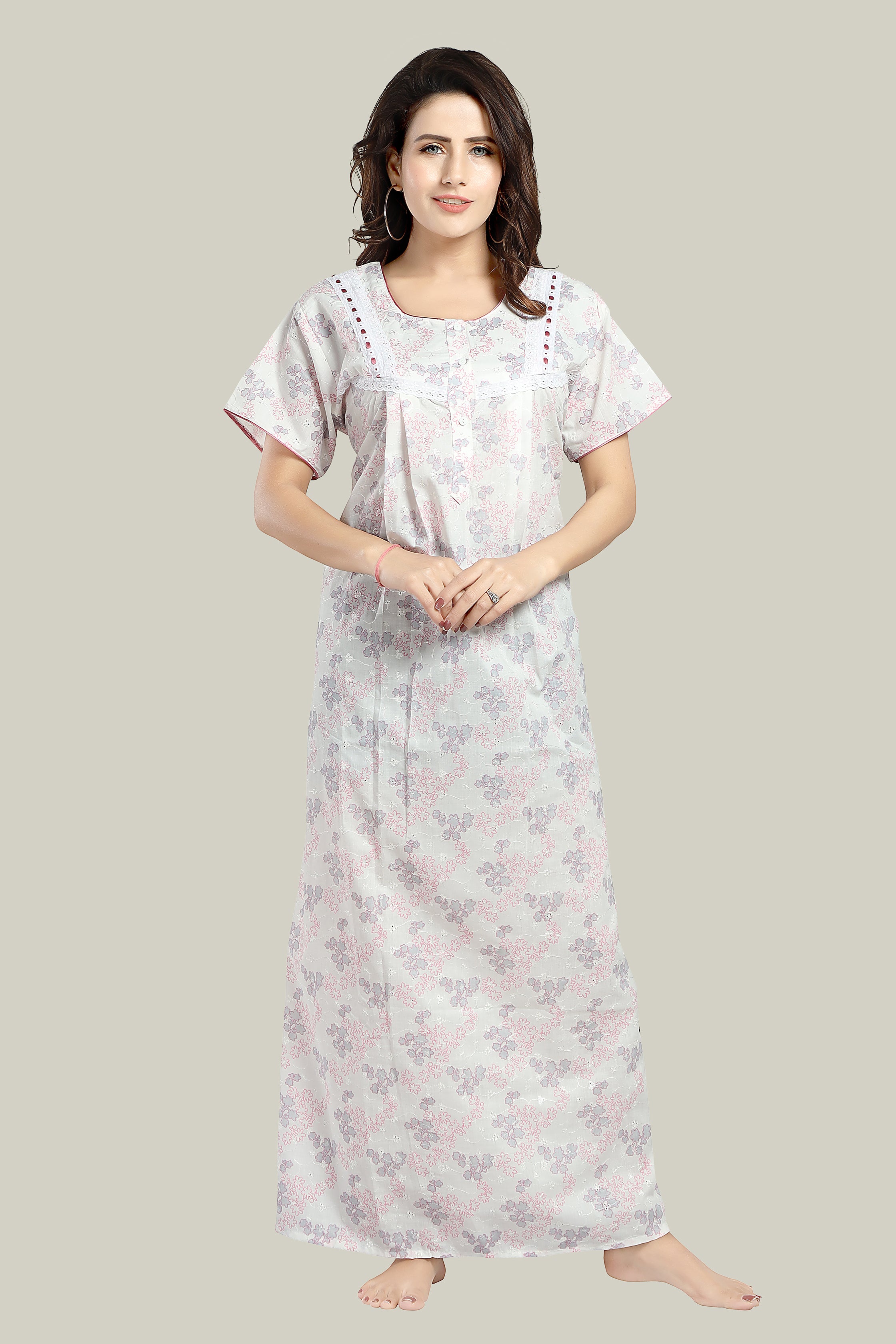 White Pink Pure Cotton Chikankari Juliet-XL